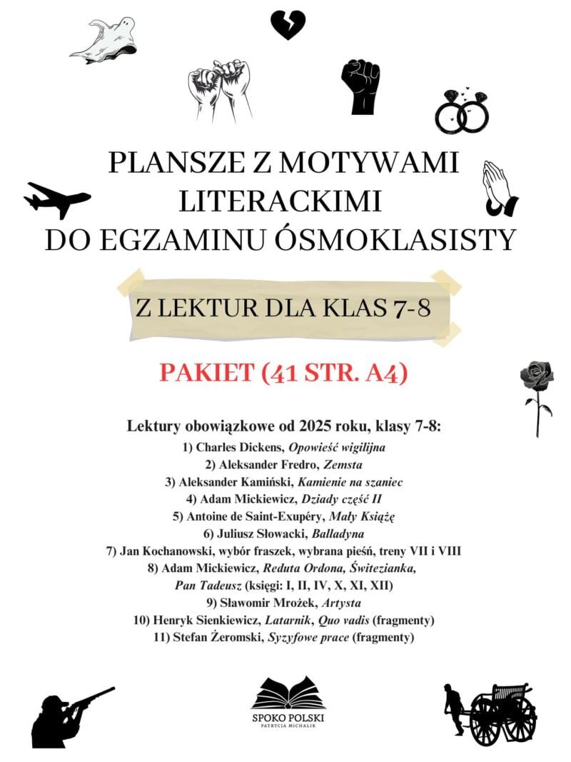 Plansze z motywami literackimi do egzaminu ósmoklasisty